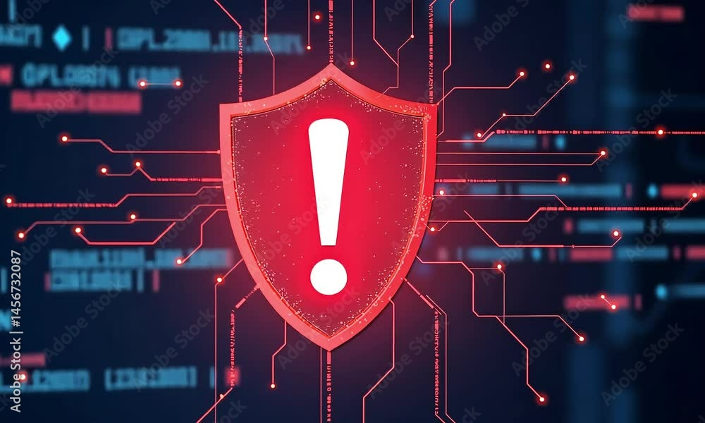 Poster red shield with exclamation point on digital data background
