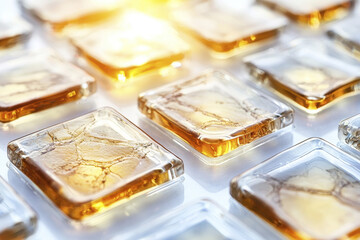 Translucent amber glass tiles arranged in pattern, reflecting light beautifully