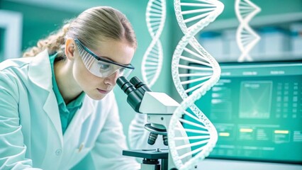 cancer, oncology and genetics concept. Scientist examining DNA through a microscope in a lab setting.
