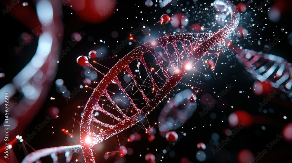 Aufkleber abstract representation of dna strands with glowing particles in dark background.