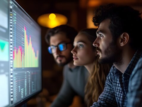 A focused team of young professionals analyzes detailed financial data displayed on a large computer monitor at night in a dimly lit office.