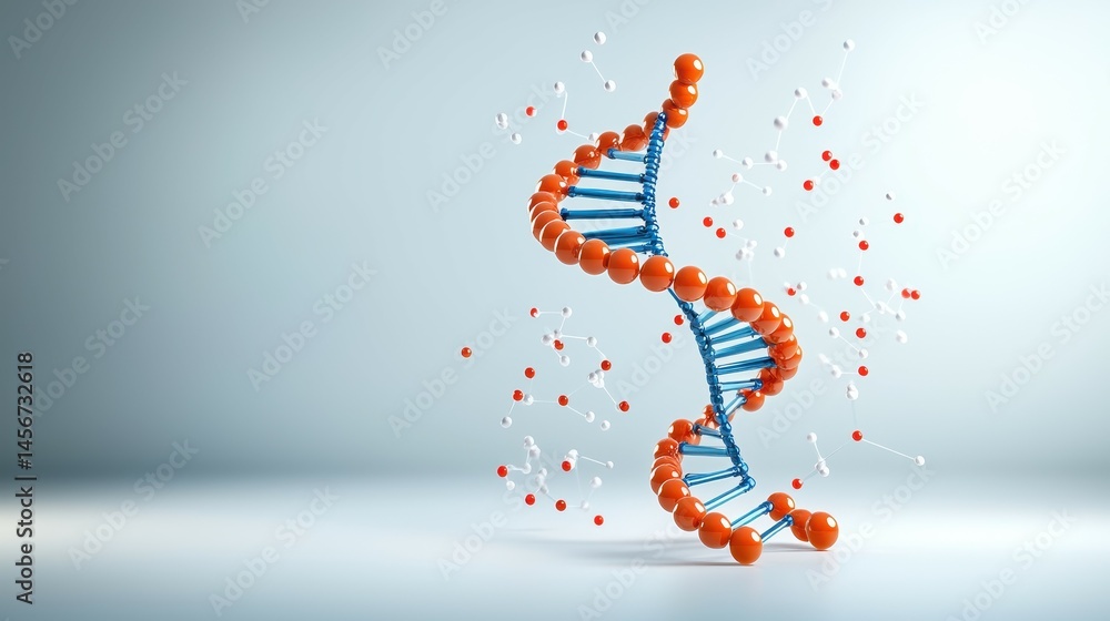 Poster 3d rendering of a dna double helix with colorful atoms on a soft background.