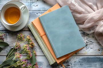 A serene moment captures a cup of tea beside three colorful notebooks on a rustic wooden table. Fresh flowers and delicate fabric enhance the calming atmosphere of this cozy space