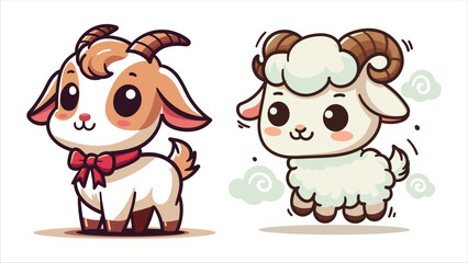 Obraz premium set of cute cartoon goats sheep with big eyes and happy faces, perfect for kids designs, books, and animal themed content, Islamic Eid al-Adha poster social media.