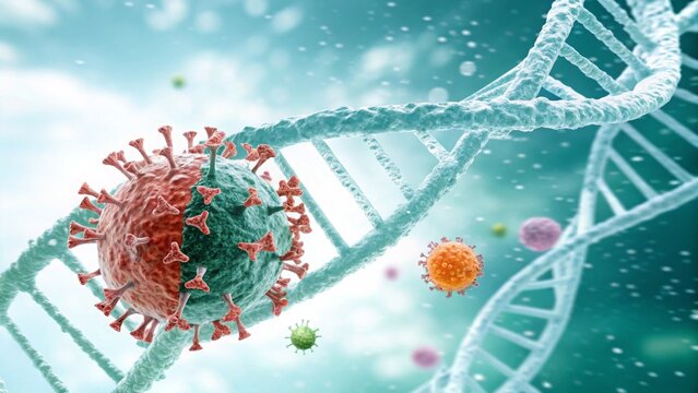 cancer, oncology and genetics concept. Microscopic view of DNA structure with viruses in the background.