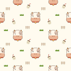 Face cow cartoon so cute. On fence grass milk background. Pattern seamless vector illustration. 