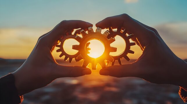 Two hands hold three interlocking gears silhouetted against a vibrant sunset symbolizing teamwork cooperation and success.