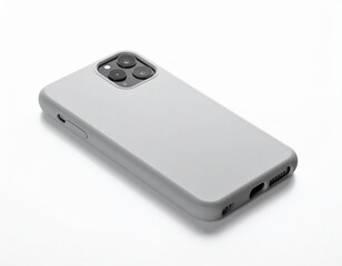 Gray phone back case featuring a multi-lens camera setup isolated against a clean white surface