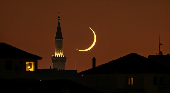 Crescent Moon over a Mosque at Night