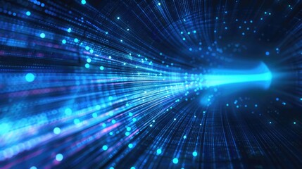 Fototapeta premium Abstract blue digital network background with lines and nodes. Digital artwork of glowing digital wave waving and flowing at black background. Technology innovation and data visualization. AIG55.