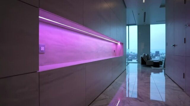 Modern hallway featuring sleek design, soft lighting, and a view of the city skyline through large windows - niche in wall