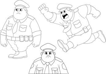 Cartoon Doodle Set of Fat Policeman Character in Outlines