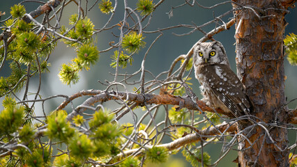 Boreal owl (Aegolius funereus) in forest