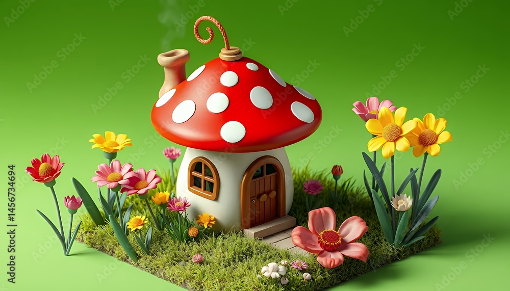 Poster isometric mushroom house isolated on green screen with flowers and red spotted roof in 3d render for