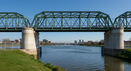Green Metal Truss Bridge Over Water with Concrete Pillars Under Blue Sky And Distant Cityscape
