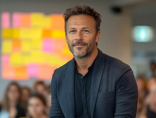 Fototapeta premium A confident mature man with a stylish beard smiles gently at the camera in a modern office setting.