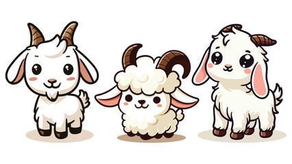 set of cute cartoon goats sheep with big eyes and happy faces, perfect for kids designs, books, and animal themed content, Islamic Eid al-Adha poster social media.