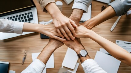 A diverse team of business professionals joins hands together showing unity collaboration and teamwork in a modern office setting.