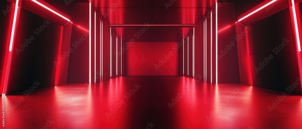 Poster abstract red lit corridor perspective view sci-fi interior architecture with neon lights and reflect