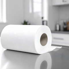 Cleanliness concept. Roll of white paper towels on a kitchen counter. Symbol of hygiene, order, and domesticity. Ideal for household, cleaning, or lifestyle themes.
