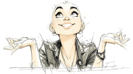 a bald proud stylish girl ,hand drawing cartoon 2d,funny,issolated on white background