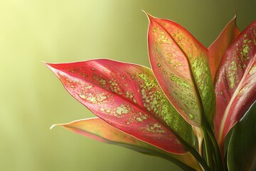 Fototapeta premium Vibrant red and green plant leaves against a soft backdrop.