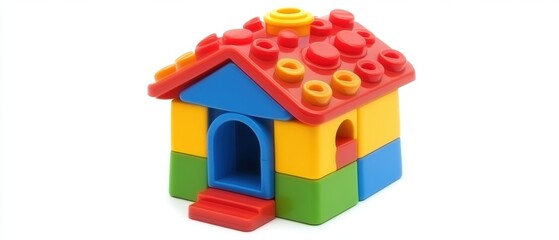 Colorful Toy House Constructed from Building Blocks on White Background Studio Shot Front View