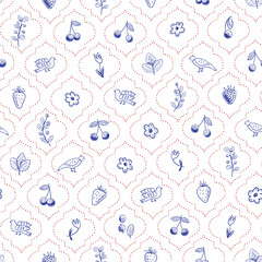 Berries flowers and birds doodle spring seamless pattern, simple ornament