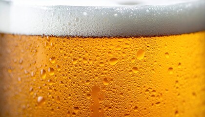 Close-up of a cold, refreshing glass of beer with condensation and frothy foam on top.