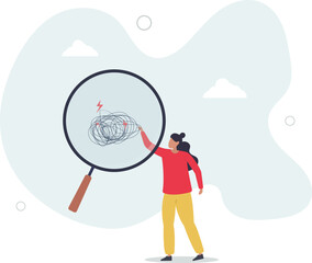 Analyze problem finding solution or opportunity, look for details to solve problem, discovery or search, root cause analysis or troubleshooting concept, character life .