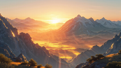 Majestic sunrise over mountain peaks casting golden rays across the valley landscape