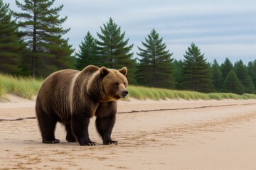 Grizzly bear and pine trees on sandy beach, serious expression, realistic fur, tall green pine trees in background. Concept of grizzly bear and pine trees highlighting animals in nature.