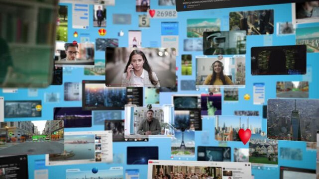Social Network Concept with Blockchain Architecture Visualization of a Metaverse Big Data with Viral Videos, Advertising, Social Media Profiles with Influencers. Blue Background.