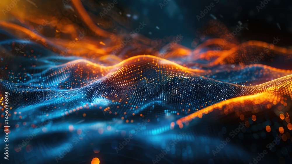 Poster Abstract picture micro light sparkling particle represent data flow vivid flowing wave with high tech background, create digital effect scene perfect for energetic and fantasy wallpaper design. AIG53.