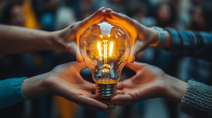 A glowing lightbulb is gently cradled in the hands of a collaborative team symbolizing shared innovation and bright ideas for future success.