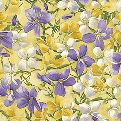 Obraz premium Floral Pattern Background Features Purple, Yellow, White Flowers and Green Leaves