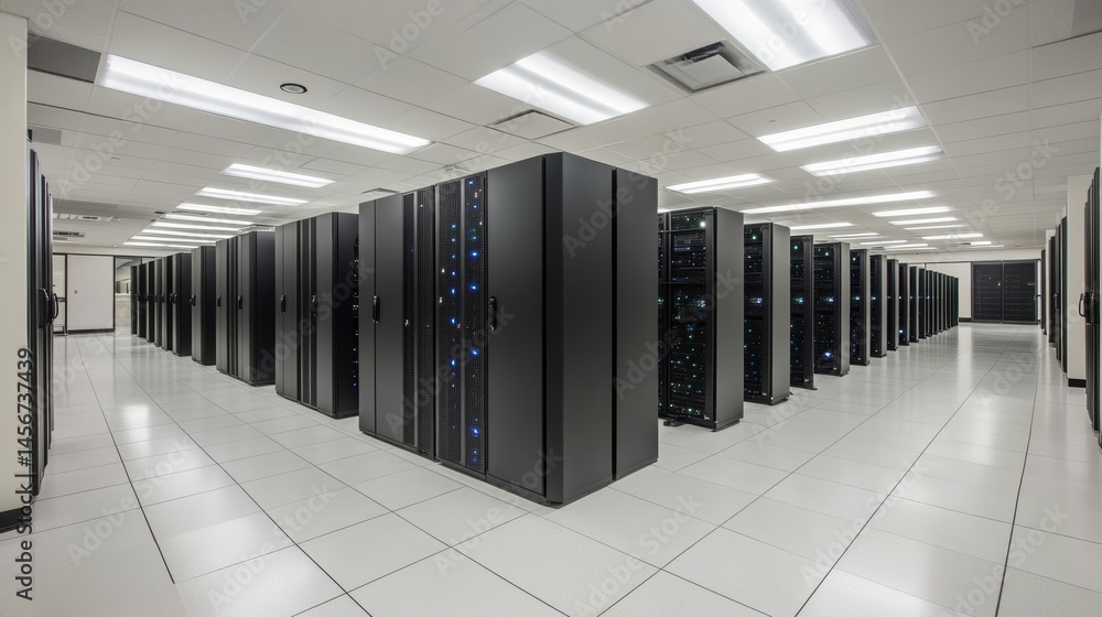 Poster modern data center with rows of servers and white tiled floor for cloud computing and information te