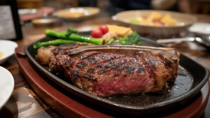Appetizing grilled T-bone steak served on a sizzling plate alongside fresh green asparagus and juicy cherry tomatoes.