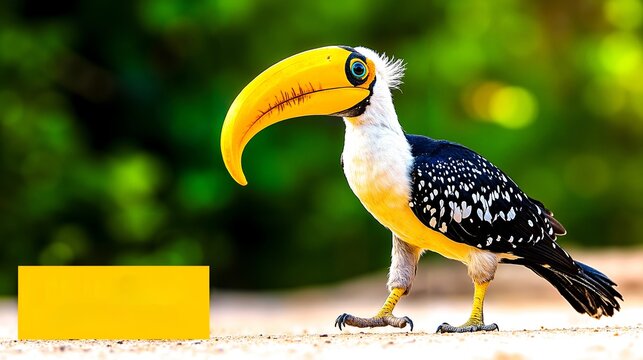 A bird with a yellow beak standing on a dirt road