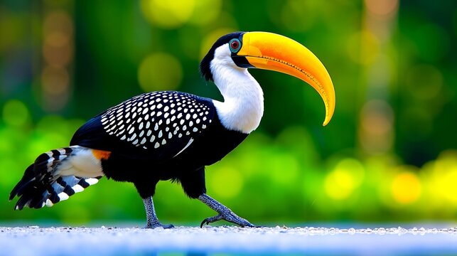 A large bird with a yellow beak standing on the ground