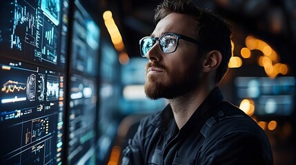 A focused male programmer analyzes complex data displayed on large computer monitors in a dark modern office setting.