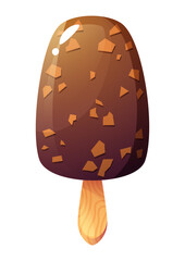 Ice cream on a wooden stick, popsicle, plombir. Chocolate ice cream with nut pieces. Summer dessert. Summer themed design.