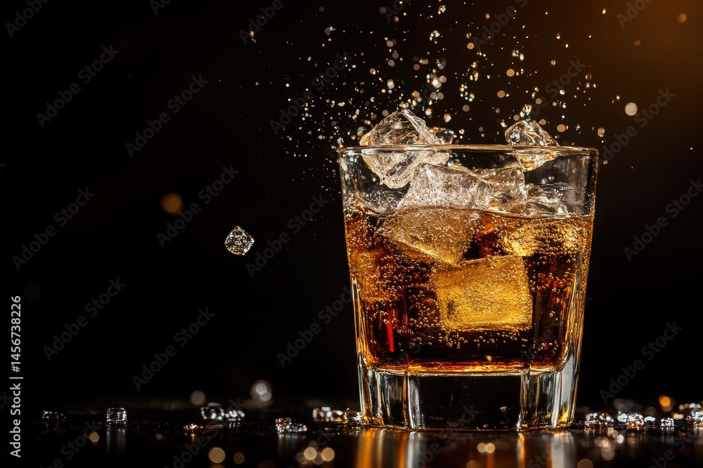 Poster whiskey and ice splash close up still life on dark background refreshing drink with bubbles and moti