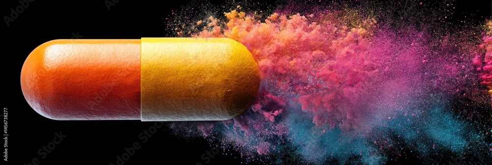 Aufkleber colorful powder splash bursts from exploding medicine capsule against a dark background generative a