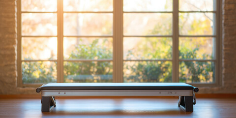 A Pilates reformer machine is positioned on a wooden floor in front of large windows with a sunny view. Fitness, exercise, Pilates, wellness