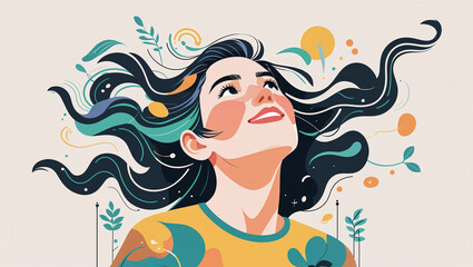 Upward gaze of a woman with flowing hair and decorative floral elements illustration