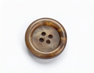 A brown, four-holed button with mottled texture sits on a white surface with shadow