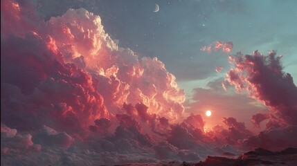 a beautiful pink and blue sky with a sun in the middle.stock photo