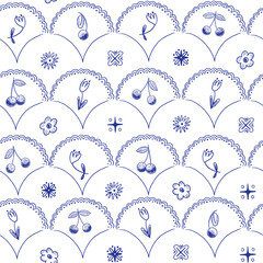 Berries cherry and flowers doodle spring seamless pattern, simple ornament
