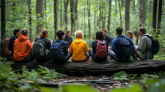 A diverse group of young adults sits on a log in a lush forest, engaged in a quiet conversation du a nature retreat. - Powered by Adobe